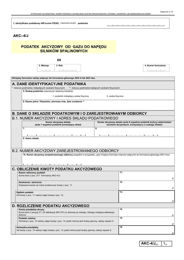 AKC-4/J (4) (archiwalny) (od 2013) Podatek akcyzowy od gazu do napędu silników spalinowych