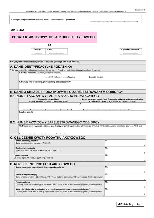 AKC-4/A (4) (od 2013) (archiwalny) Podatek akcyzowy od alkoholu etylowego