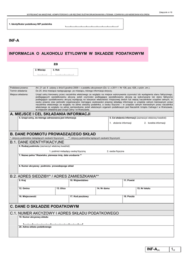 INF-A (4) (od 2013) Informacja o alkoholu etylowym w składzie podatkowym 