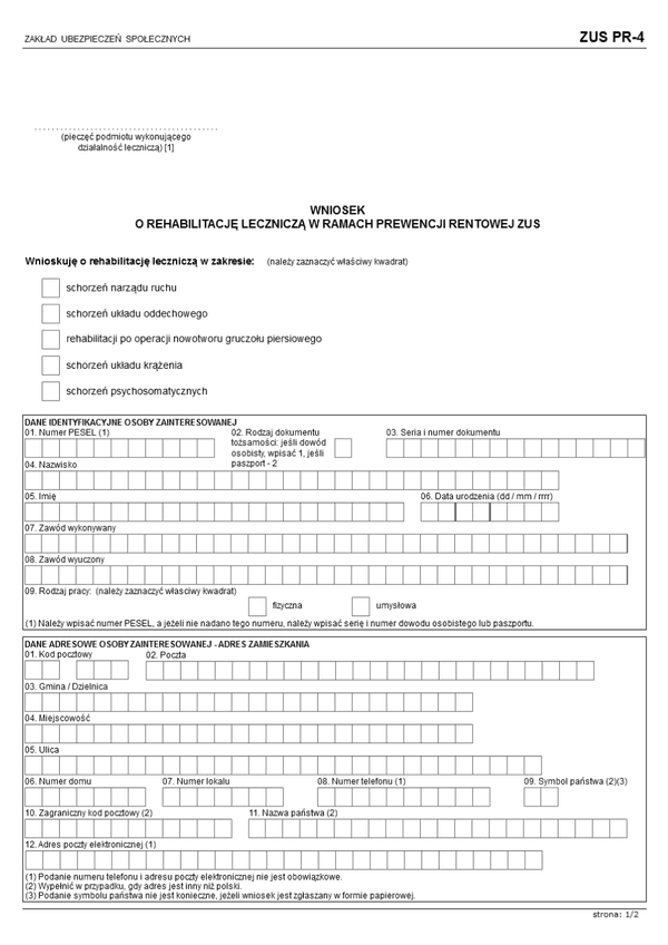 ZUS PR-4 (archiwalny) Wniosek o rehabilitację leczniczą w ramach prewencji rentowej ZUS