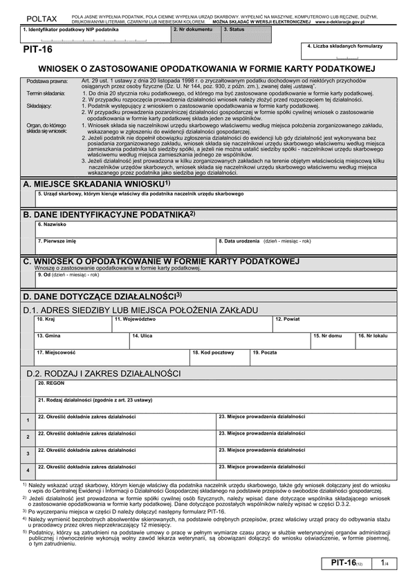 PIT-16 (12) (2014) (archiwalny) Wniosek o zastosowanie opodatkowania w formie karty podatkowej