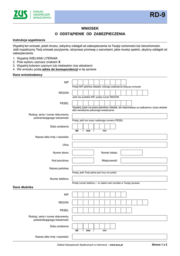 ZUS RD-9 Wniosek o odstąpienie od zabezpieczenia