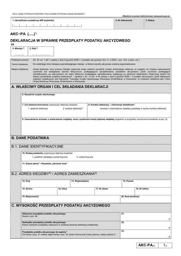 AKC-PA (8) Deklaracja w sprawie przedpłaty akcyzy (dla grupy F)