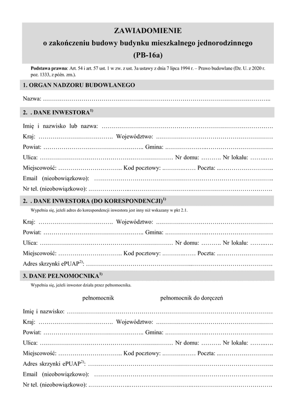 PB-16a Zawiadomienie o zakończeniu budowy budynku mieszkalnego jednorodzinnego