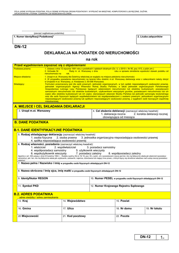 DN-12 (archiwalny) Deklaracja na podatek od nieruchomości - Warszawa
