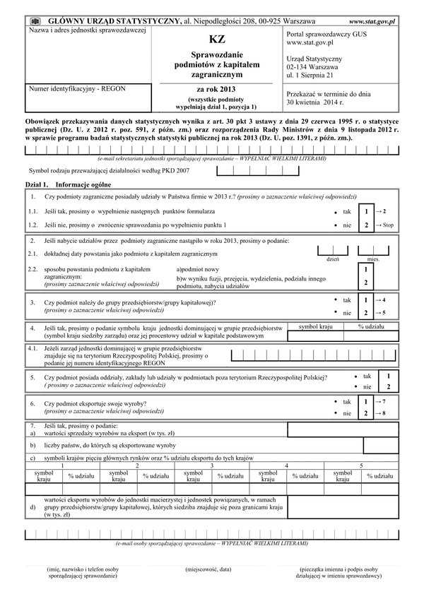GUS KZ (2013) (archiwalny) Sprawozdanie podmiotów z kapitałem zagranicznym za rok 2013