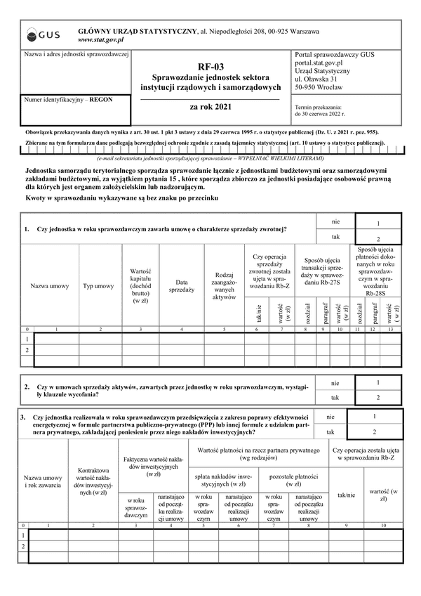 GUS RF-03 (2021) (archiwalny) Sprawozdanie jednostek sektora instytucji rządowych i samorządowych - druk dla celów wewnętrznych (z możliwością wpisania kwot w zł gr)