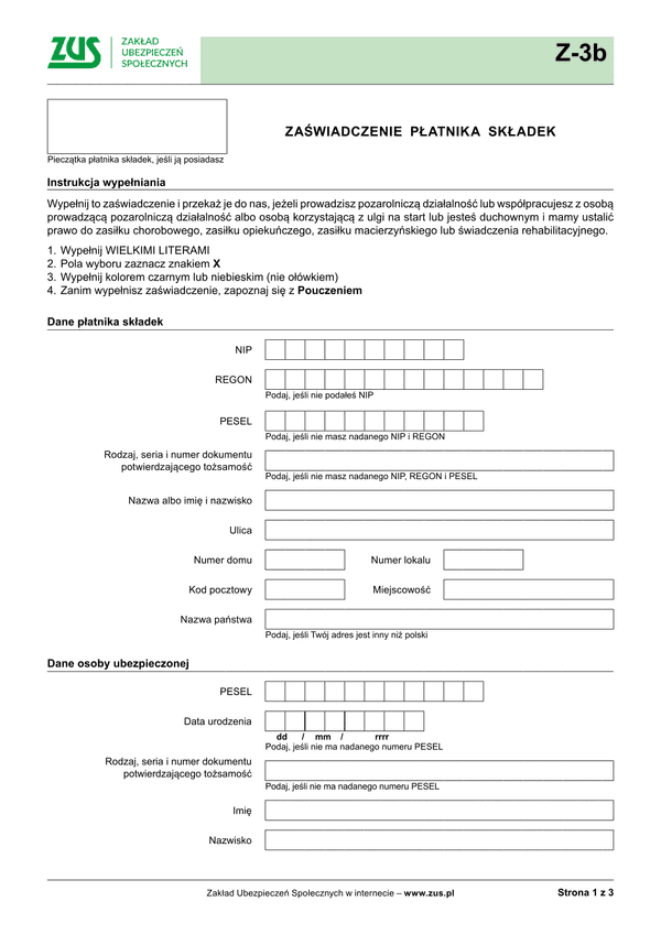 ZUS Z-3b (archiwalny) Zaświadczenie płatnika składek - wersja papierowa