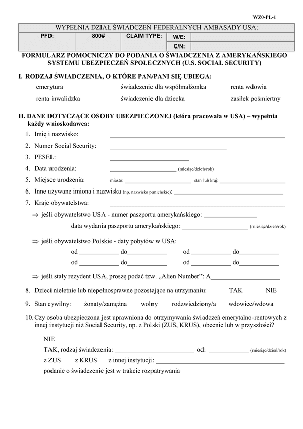 ZUS WZO-PL-1 Formularz pomocniczy do podania o świadczenia z amerykańskiego systemu ubezpieczeń społecznych (U.S. Social Security)