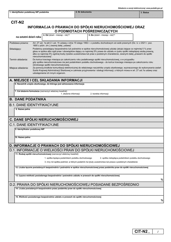 CIT-N2 (1) Informacja o prawach do spółki nieruchomościowej oraz o podmiotach pośredniczących