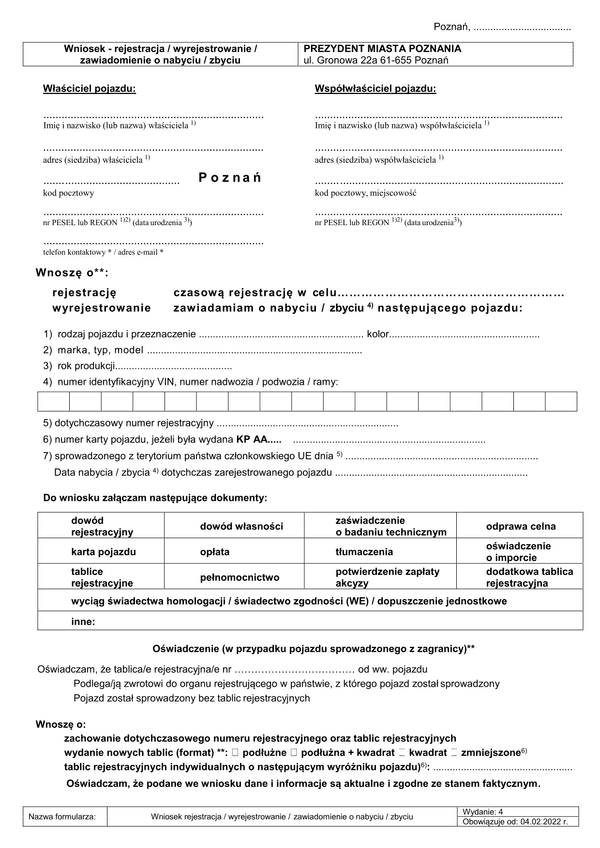 WoRWZP-Po (archiwalny) Wniosek o rejestrację, czasową rejestrację, wyrejestrowanie i zawiadomienie o pojeździe Poznań
