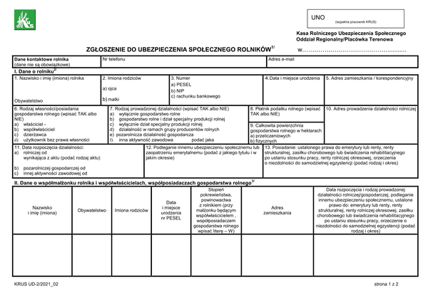 KRUS UD-2 Zgłoszenie do ubezpieczenia społecznego rolników