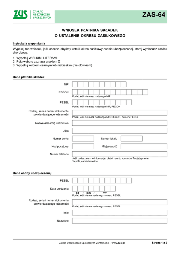 ZUS ZAS-64 Wniosek płatnika składek o ustalenie okresu zasiłkowego - wersja papierowa