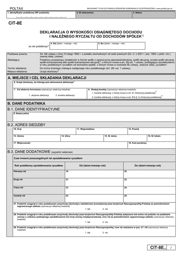 CIT-8E (2) (archiwalny) Deklaracja o wysokości osiągniętego dochodu i należnego ryczałtu od dochodu spółek kapitałowych