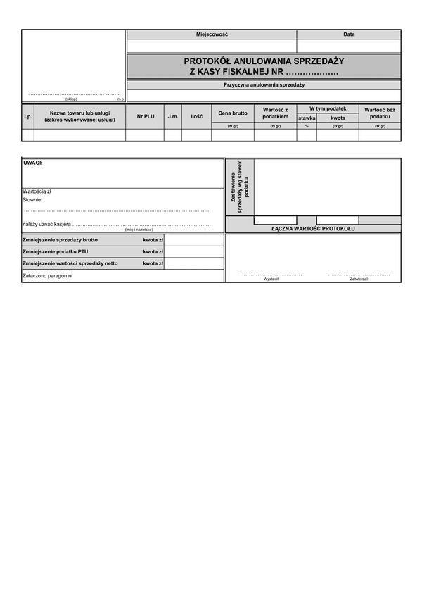 PASKF-wp (archiwalny) Protokół anulowania sprzedaży z kasy fiskalnej (z możliwością edycji kwot oraz wpisania wielu pozycji)