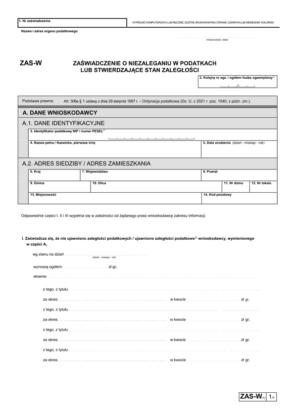 ZAS-W (5) (archiwalny) Zaświadczenie o niezaleganiu w podatkach lub stwierdzające stan zaległości