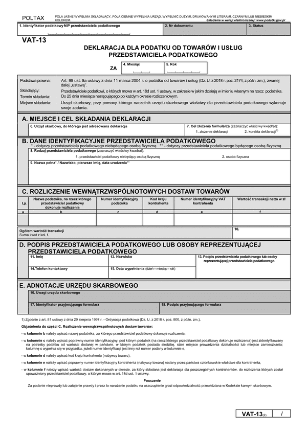 VAT-13 (2) Deklaracja dla podatku od towarów i usług przedstawiciela podatkowego