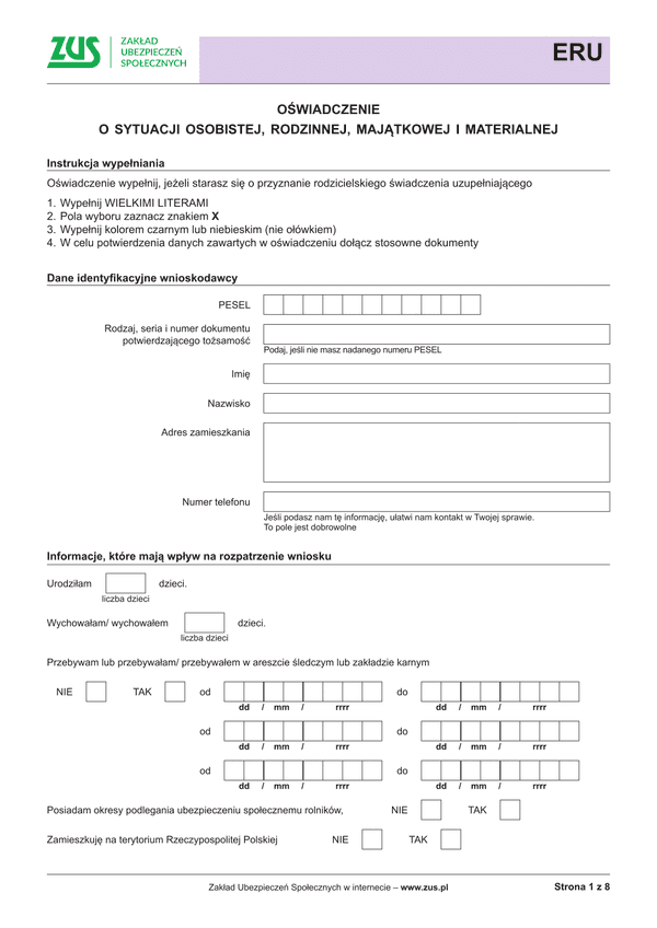 ZUS ERU (archiwalny) Oświadczenie o sytuacji osobistej, rodzinnej, majątkowej i materialnej