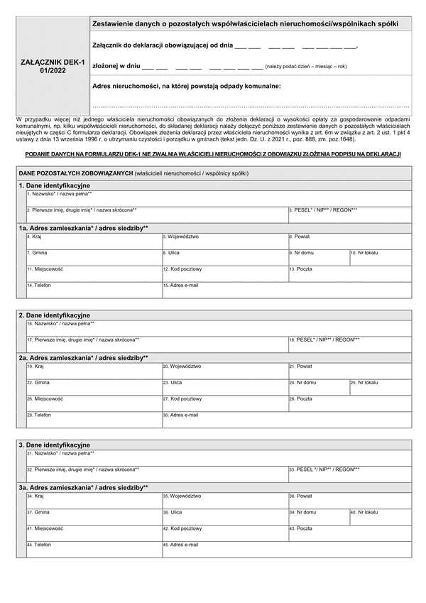 DEK-1 Zestawienie danych o pozostałych współwłaścicielach nieruchomości/wspólnikach spółki