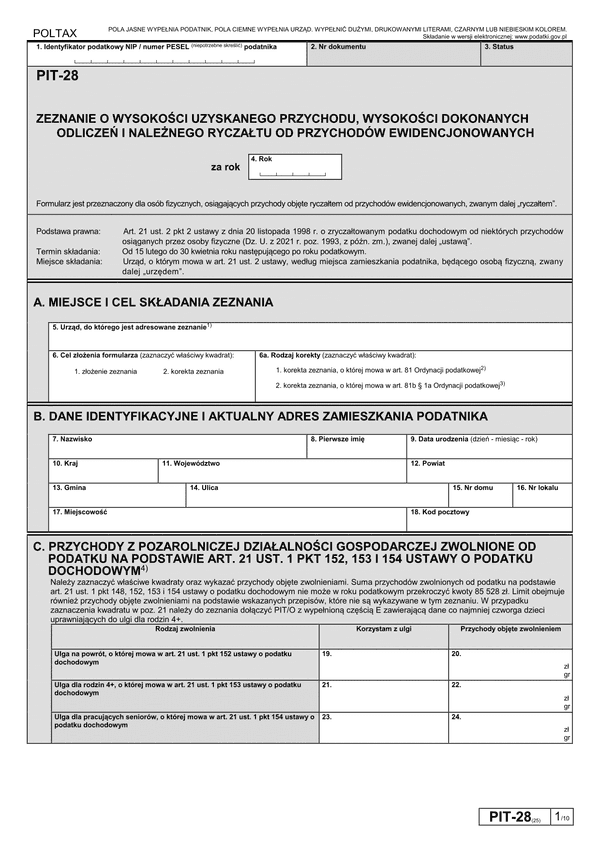 PIT-28 (25) (archiwalny) (2022) Zeznanie o wysokości uzyskanego przychodu, wysokości dokonanych odliczeń i należnego ryczałtu od przychodów ewidencjonowanych