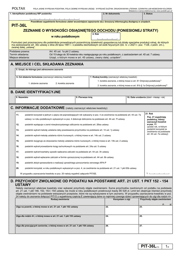 PIT-36L (19) (archiwalny) (2022) Zeznanie o wysokości osiągniętego dochodu (poniesionej straty)