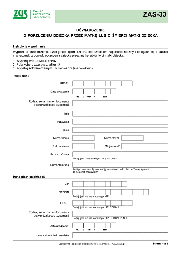 ZUS ZAS-33 (archiwalny) Oświadczenie o porzuceniu dziecka przez matkę lub o śmierci matki dziecka - z wysyłką do PUE ZUS