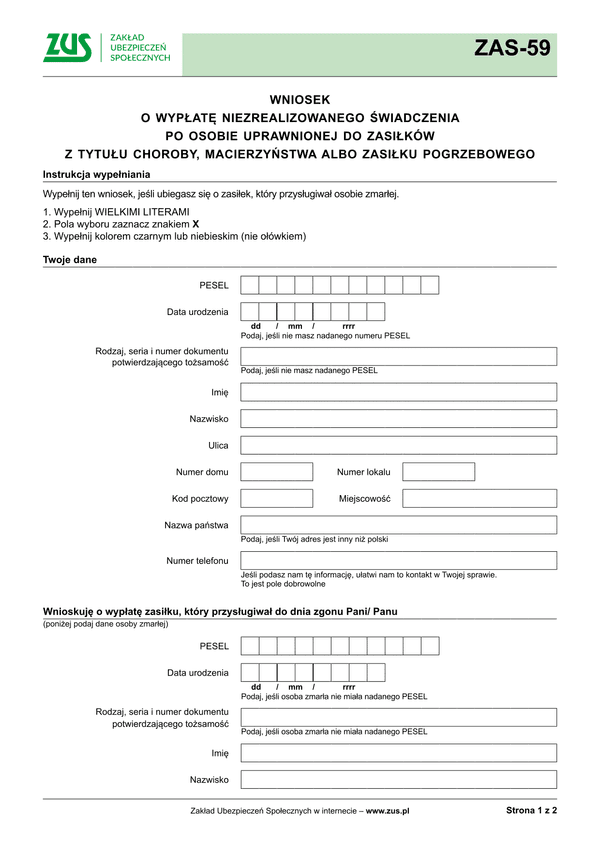 ZUS ZAS-59 (archiwalny) Wniosek o wypłatę niezrealizowanego świadczenia po osobie uprawnionej do zasiłków z tytułu choroby, macierzyństwa albo zasiłku pogrzebowego - wersja papierowa