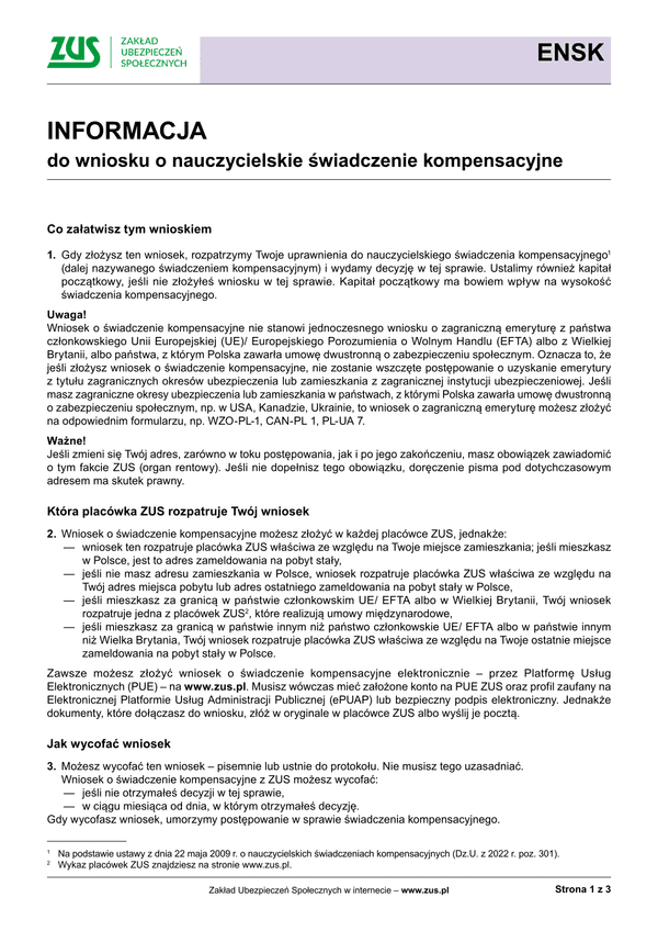 ZUS ENSK-inf (archiwalny) Informacja do wniosku o nauczycielskie świadczenie kompensacyjne