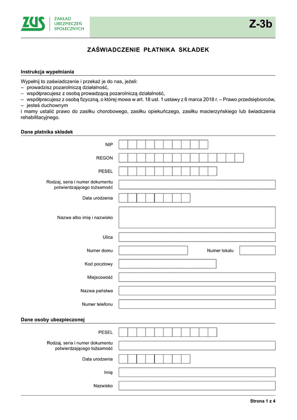 ZUS Z-3b  Zaświadczenie płatnika składek - z wysyłką do PUE ZUS