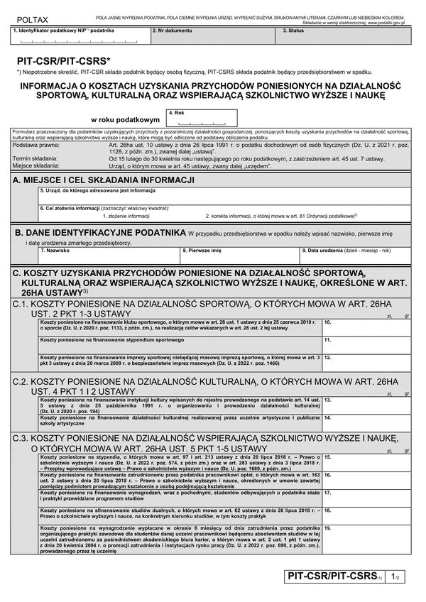 PIT-CSR/PIT-CSRS (1) Informacja o kosztach uzyskania przychodów poniesionych na działalność sportową, kulturalną oraz wspierającą szkolnictwo wyższe i naukę