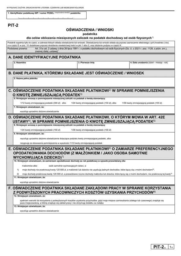 PIT-2 Oświadczenie pracownika dla celów obliczania miesięcznych zaliczek na podatek dochodowy od osób fizycznych 
