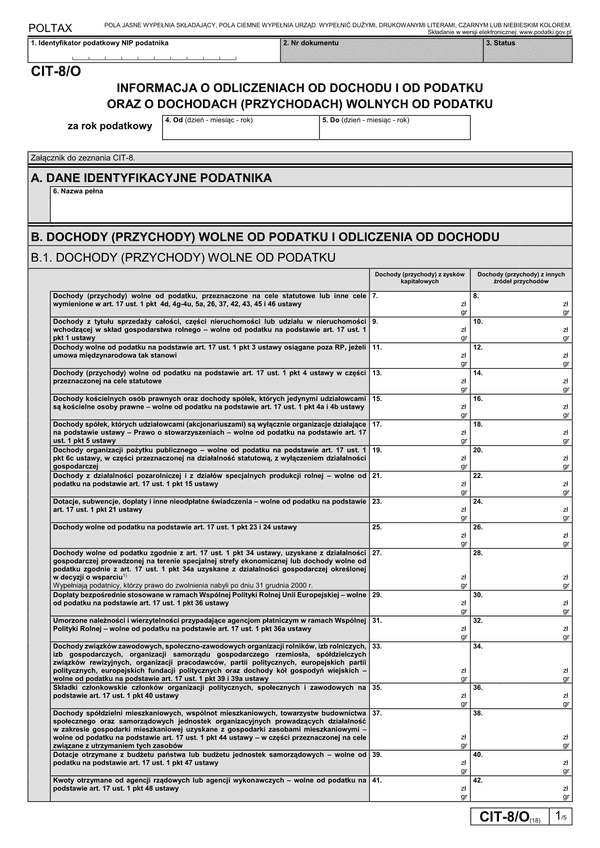 CIT-8/O (18) (archiwalny) Informacja o odliczeniach od dochodu i od podatku oraz o dochodach wolnych i zwolnionych od podatku