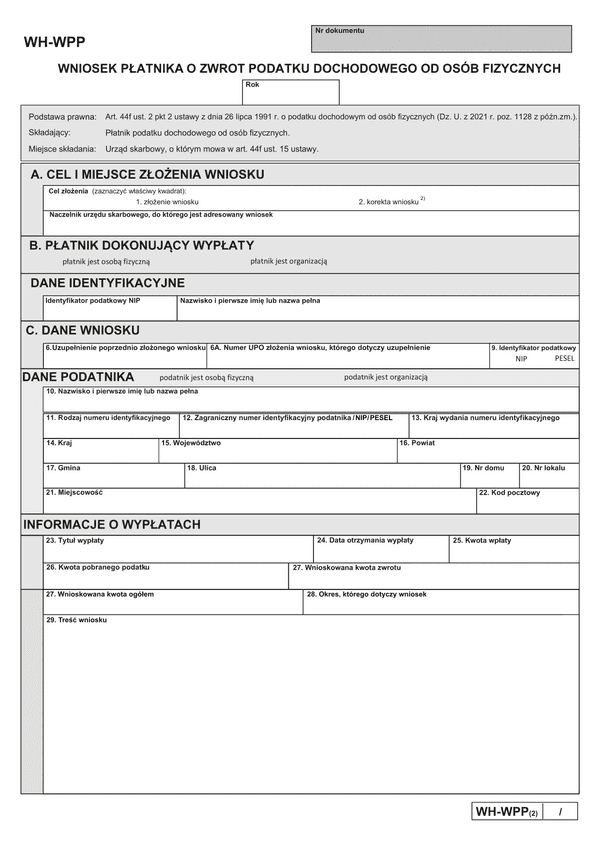 WH-WPP (2) (archiwalny) Wniosek płatnika o zwrot podatku dochodowego od osób fizycznych