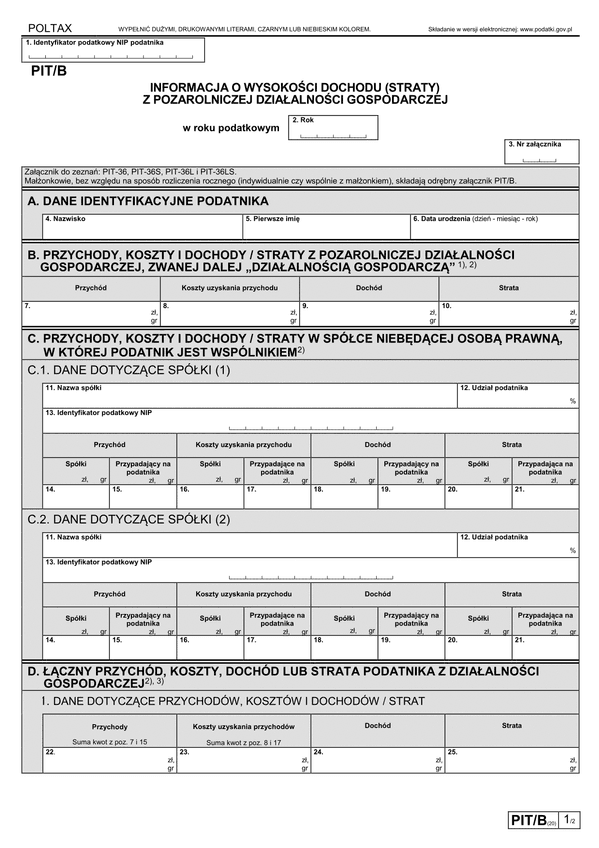PIT/B (20) (archiwalny) (2022) Informacja o wysokości dochodu (straty) z pozarolniczej działalności gospodarczej
