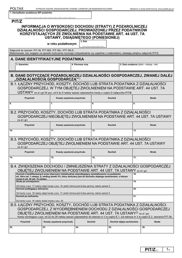 PIT/Z (11) (2022-2023) Informacja o wysokości dochodu (straty) z pozarolniczej działalności gospodarczej, prowadzonej przez podatników korzystających ze zwolnienia na podstawie art.44 ust.7a ustawy