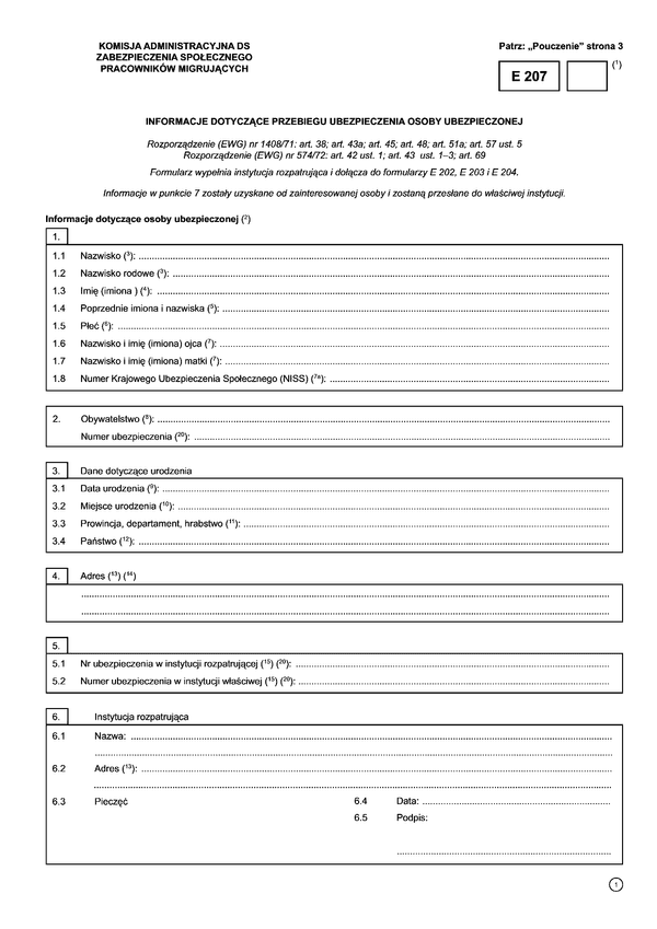 ZUS E 207 Informacje dotyczące przebiegu ubezpieczenia osoby ubezpieczonej