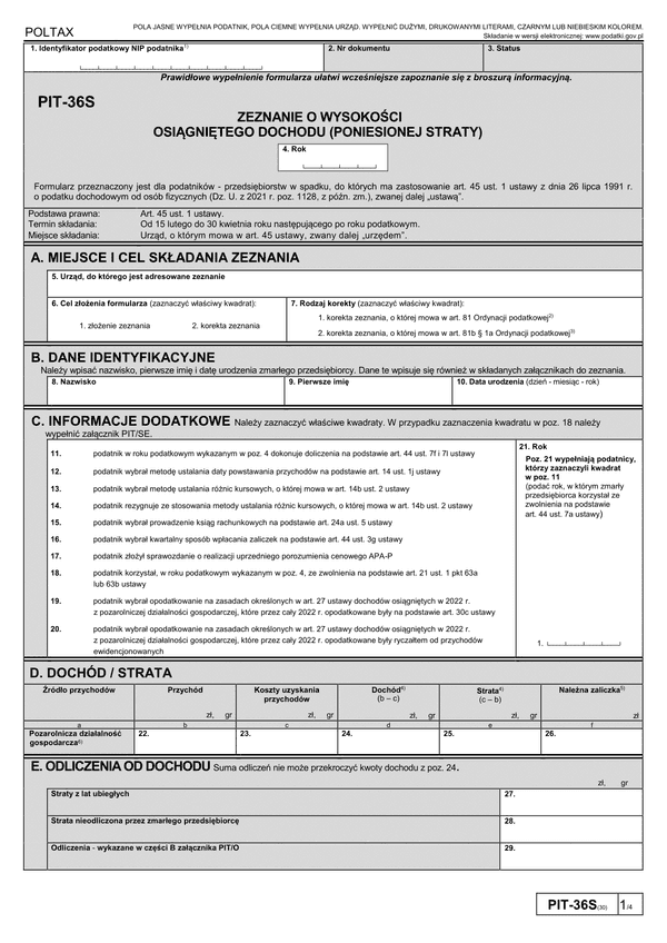 PIT-36S (30) (archiwalny) (2022) Zeznanie o wysokości osiągniętego dochodu (poniesionej straty)