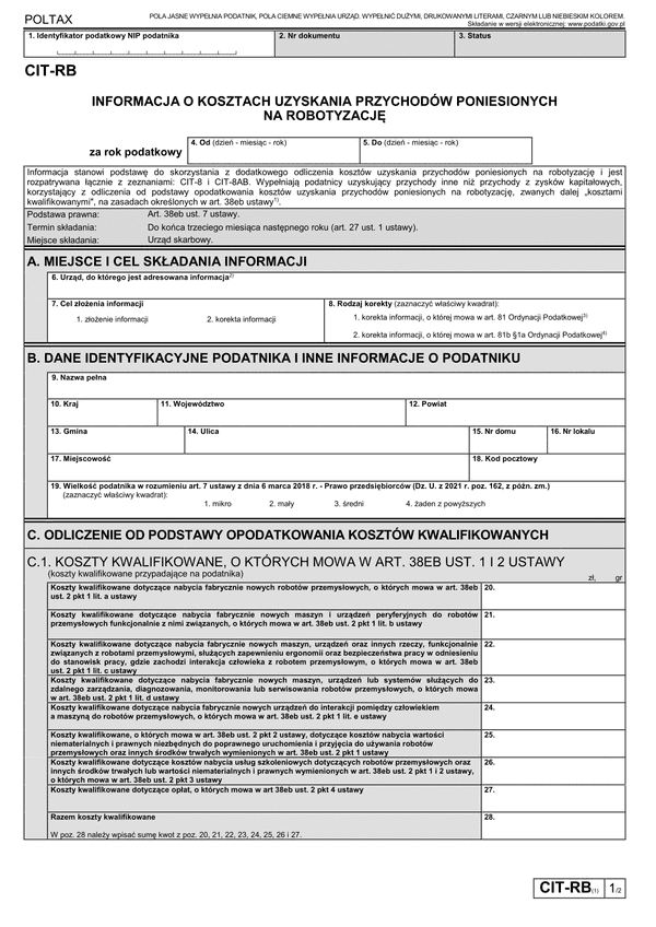 CIT-RB (1) (archiwalny) (2022) Informacja o kosztach uzyskania przychodów poniesionych na robotyzację