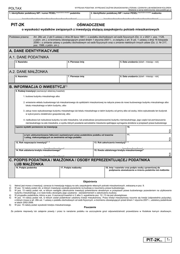 PIT-2K (9) (2022-2023) Oświadczenie o wysokości wydatków związanych z inwestycją służącą zaspokojeniu potrzeb mieszkaniowych