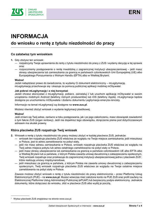 ZUS ERN Inf (archiwalny) Informacja do wniosku o rentę z tytułu niezdolności do pracy