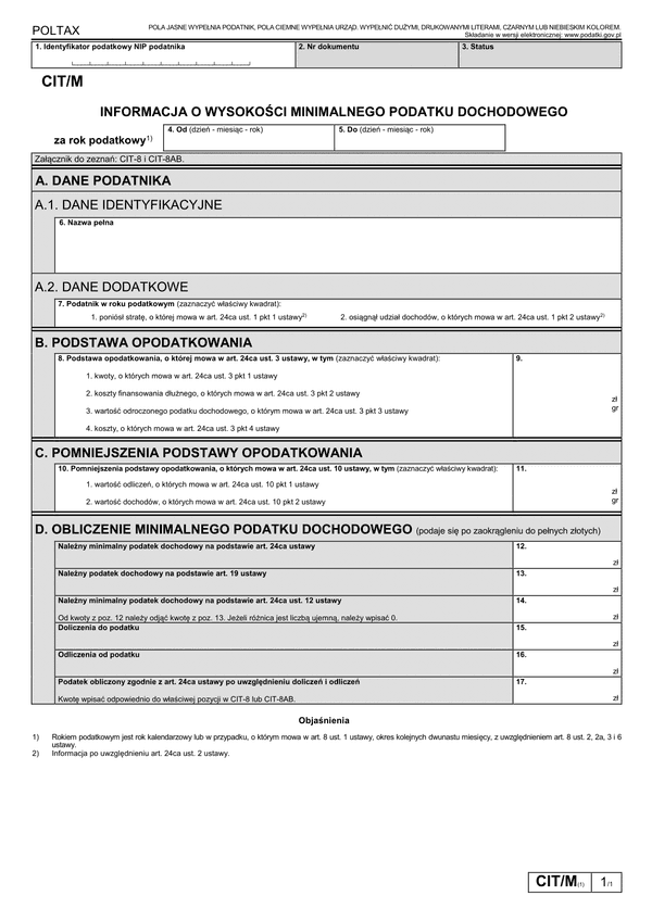 CIT/M (1) (archiwalny) Informacja o wysokości minimalnego podatku dochodowego