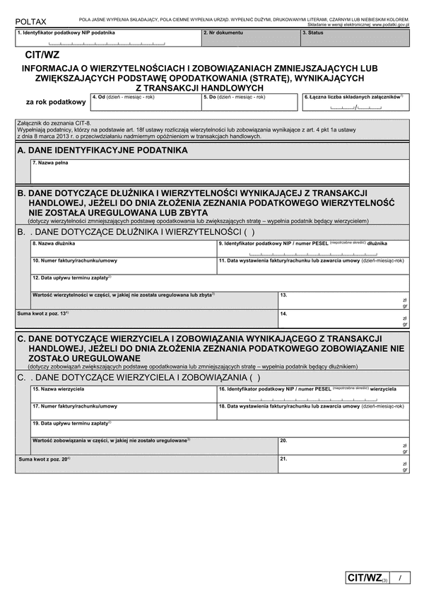 CIT/WZ (3) (archiwalny) Informacja o wierzytelnościach i zobowiązaniach zmniejszających lub zwiększających podstawę opodatkowania (stratę), wynikających z transakcji handlowych