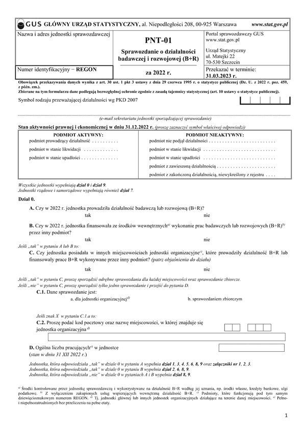 GUS PNT-01 (archiwalny) (2022) Sprawozdanie o działalności badawczej i rozwojowej za 2022 r.