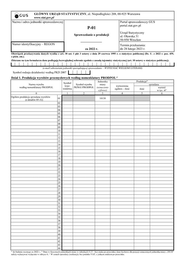 GUS P-01 (2022) (archiwalny) Sprawozdanie o produkcji za 2022 rok