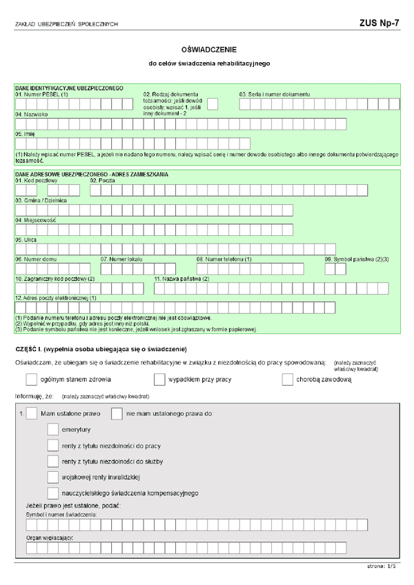 ZUS NP-7  (archiwalny) Oświadczenie do celów świadczenia rehabilitacyjnego (od 2014)