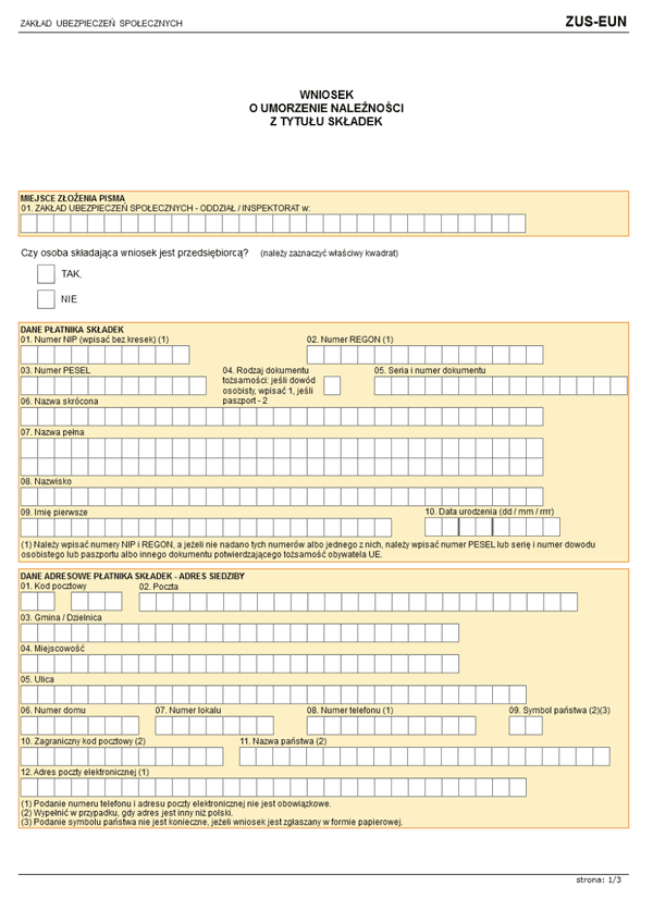 ZUS-EUN (archiwalny) (od XI 2013) Wniosek o umorzenie należności z tytułu składek
