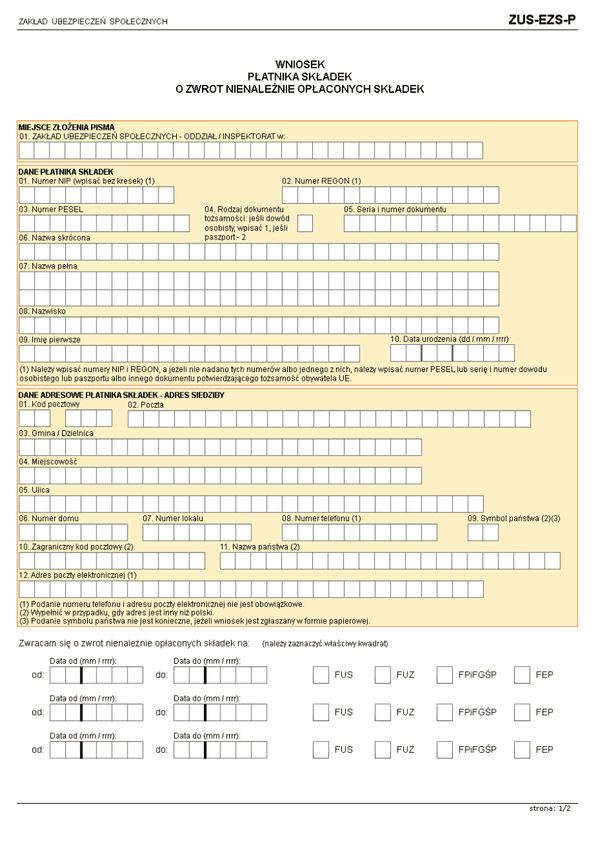 ZUS-EZS-P (archiwalny) Wniosek płatnika składek o zwrot nienależnie opłaconych składek