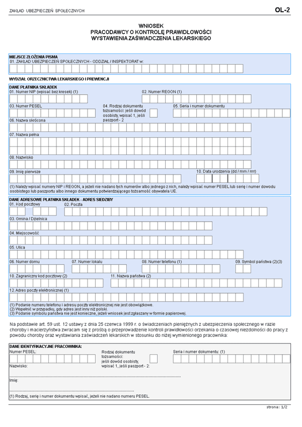 ZUS OL-2 (archiwalny) Wniosek pracodawcy o kontrolę prawidłowości wystawienia zaświadczenia lekarskiego