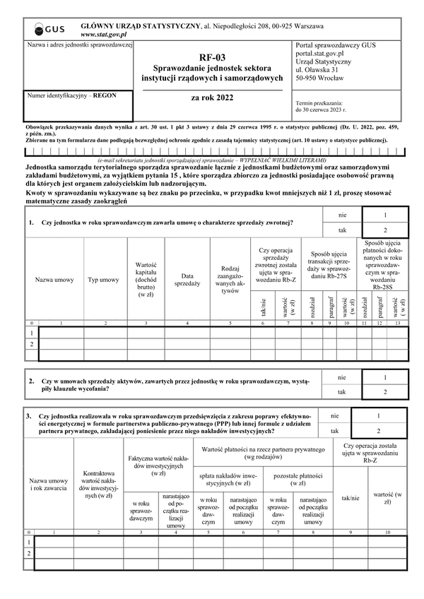 GUS RF-03 (2022) (archiwalny) Sprawozdanie jednostek sektora instytucji rządowych i samorządowych