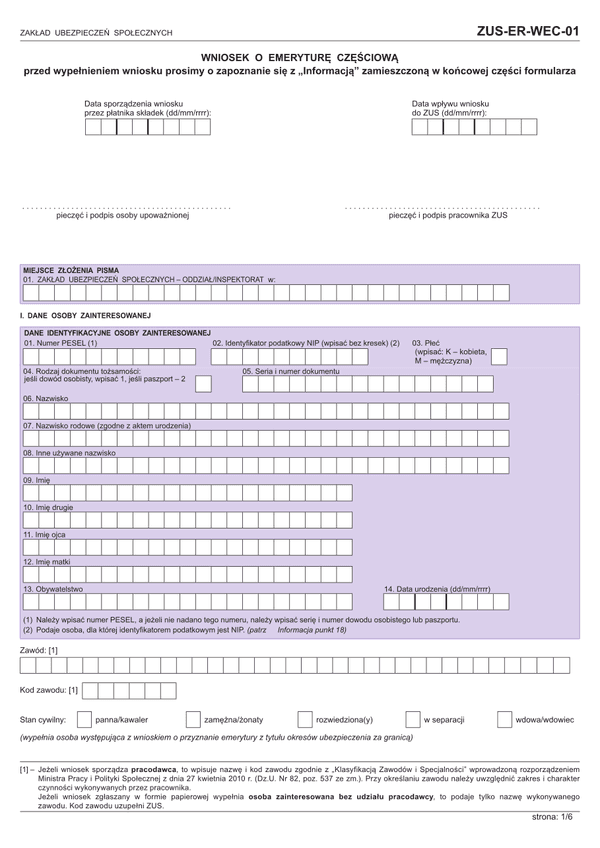 ZUS-ER-WEC-01 (archiwalny) Wniosek o emeryturę częściową